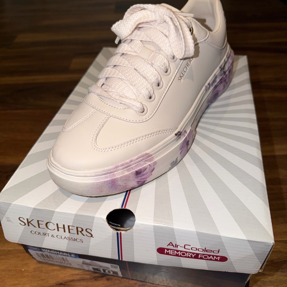 Light Pink Skechers Sneakers with Beige and Lavender Floral Details
